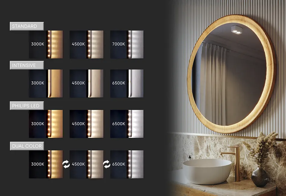 LED ogledalo v hrastovem okvirju za notranjost v ekološkem slogu | ARTFORMA