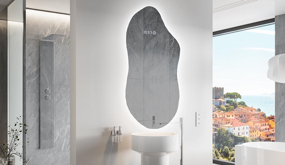 Nepravilno ogledalo z nežno ambientalno osvetlitvijo za eleganten interier | ARTFORMA