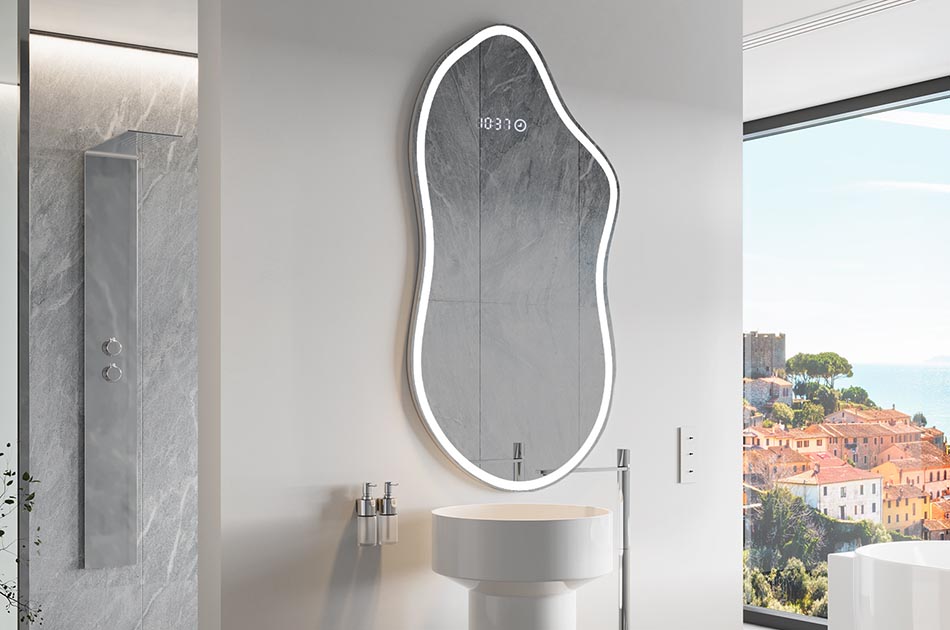 Nepravilno ogledalo z nežno ambientalno osvetlitvijo za eleganten interier | ARTFORMA