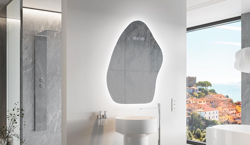 Nepravilno ogledalo z nežno ambientalno osvetlitvijo za eleganten interier | ARTFORMA