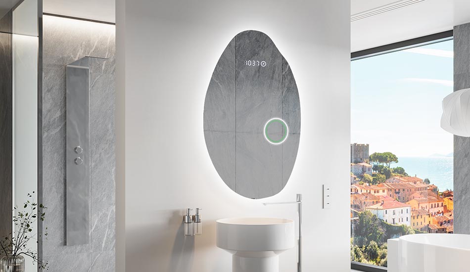 Nepravilno ogledalo z nežno ambientalno osvetlitvijo za eleganten interier | ARTFORMA