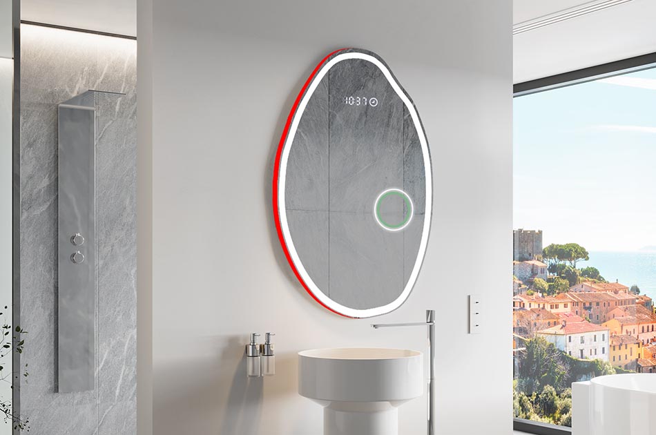 Nepravilno ogledalo z nežno ambientalno osvetlitvijo za eleganten interier | ARTFORMA