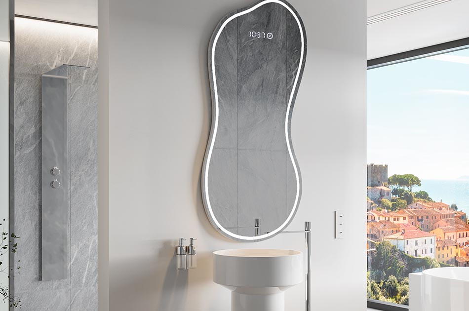 Nepravilno ogledalo z nežno ambientalno osvetlitvijo za eleganten interier | ARTFORMA