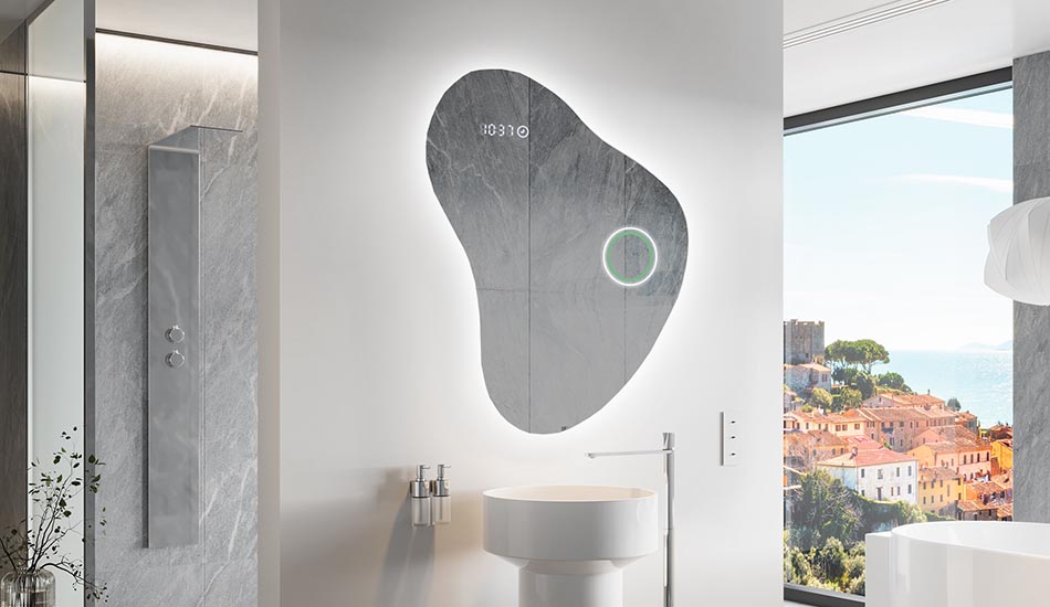 Nepravilno ogledalo z nežno ambientalno osvetlitvijo za eleganten interier | ARTFORMA