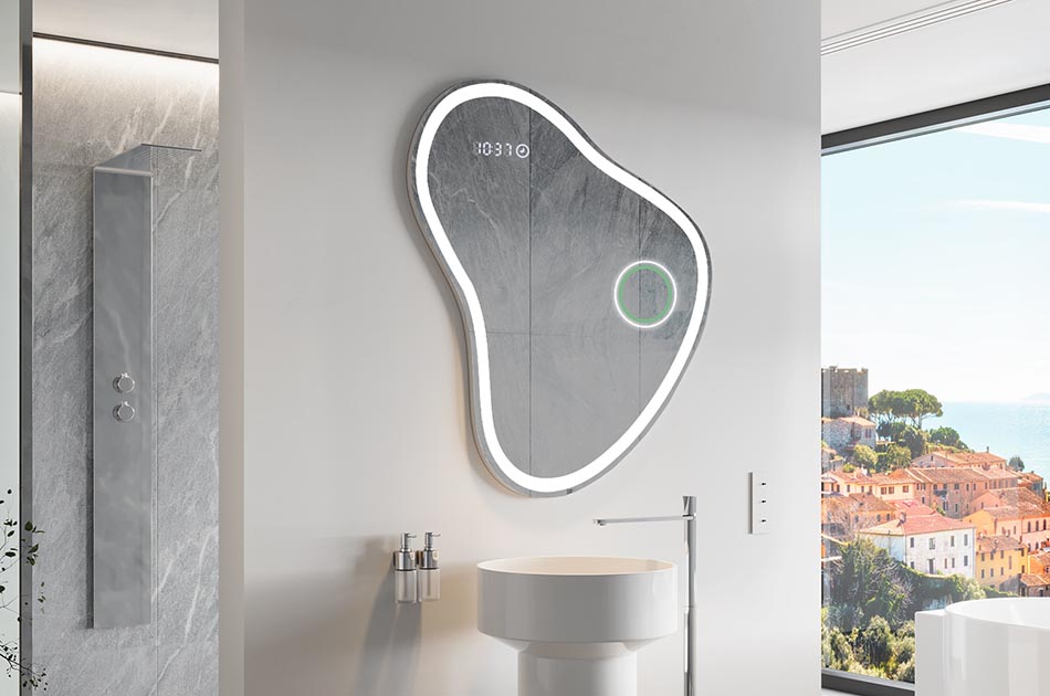 Nepravilno ogledalo z nežno ambientalno osvetlitvijo za eleganten interier | ARTFORMA