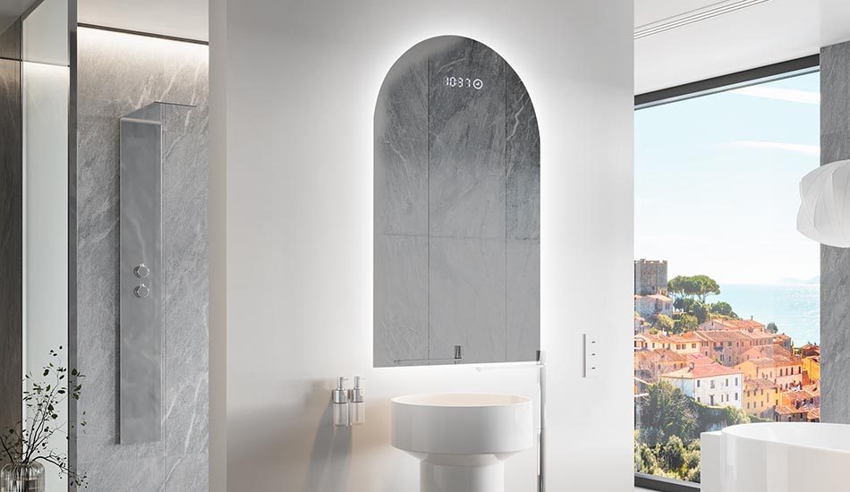 Nepravilno ogledalo z nežno ambientalno osvetlitvijo za eleganten interier | ARTFORMA