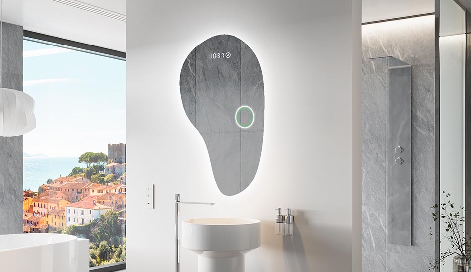 Nepravilno ogledalo z nežno ambientalno osvetlitvijo za eleganten interier | ARTFORMA