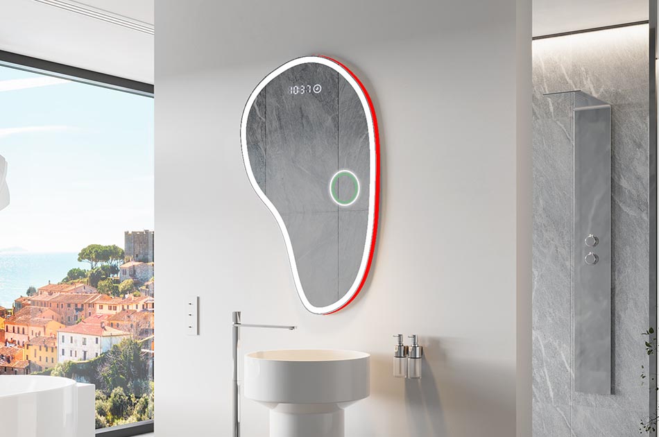 Nepravilno ogledalo z nežno ambientalno osvetlitvijo za eleganten interier | ARTFORMA