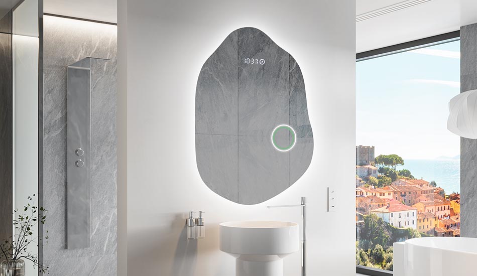 Nepravilno ogledalo z nežno ambientalno osvetlitvijo za eleganten interier | ARTFORMA