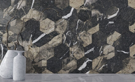 Velikoformatna keramična ploščica 120 x 280 cm, črna, sijajna, z zlatimi žilami, rektificirana A4H195 Pierre Black