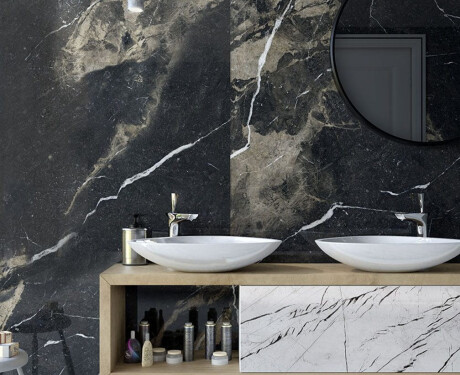 Velikoformatna keramična ploščica 120 x 270 cm, črna mat z zlatimi žilami, rektificirana A4H196 Pierre Black