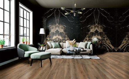 Velikoformatna keramična ploščica za tla 120 x 280 cm, Bookmatch, črna, sijajna, z zlatimi žilami, rektificirana, A4H203 Pierre Black