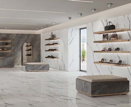 Velikoformatna glazirana keramična ploščica 120 x 270 cm, sijajna, s sivimi žilami, rektificirana A4H451 Statuario Superiore