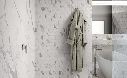 Glazirana talna keramika 120 x 280 cm, mat, s sivimi žilami, rektificirana A4H452 Statuario Superiore
