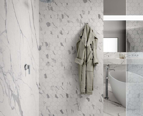 Glazirana talna keramika 120 x 280 cm, mat, s sivimi žilami, rektificirana A4H452 Statuario Superiore
