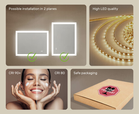 Pravokotno kopalniško ogledalo z LED lučmi 80x60cm z dvojno barvo, stikalom na dotik, odstranjevalnikom #6