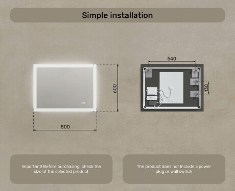 Pravokotno kopalniško ogledalo z LED lučmi 80x60cm z dvojno barvo, stikalom na dotik, odstranjevalnikom #8