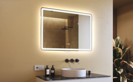 Oblikovalsko osvetljeno LED ogledalo za kopalnico 100x70 cm z dvojno barvo, stikalom na dotik, odstranjevalcem prahu, Bluetooth zvočnikom - L141