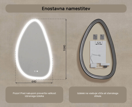 Neregularno ogledalo z osvetlitvijo, 64×104 cm, dvobarvno, tipkalo na dotik, grelna podloga #8