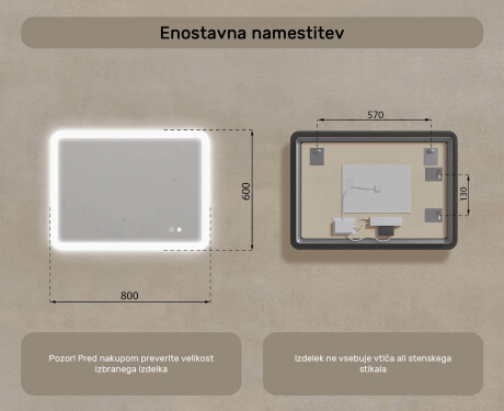 Zaobljeno kopalniško ogledalo z LED osvetlitvijo, 80×60 cm, dvobarvno, tipkalo na dotik, grelna podloga #8