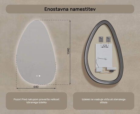 Neregularno ogledalo z osvetlitvijo, 64×104 cm, dvobarvno, tipkalo na dotik, grelna podloga #8