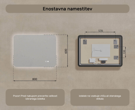 Zaobljeno kopalniško ogledalo z LED osvetlitvijo, 80×60 cm, dvobarvno, tipkalo na dotik, grelna podloga #8